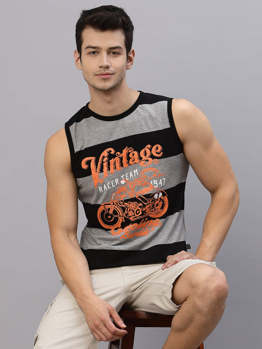 Grey Black Stripe Printed Round Neck Sleeveless T-Shirt Vest