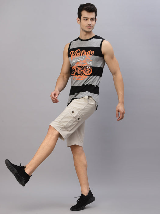 Grey Black Stripe Printed Round Neck Sleeveless T-Shirt Vest