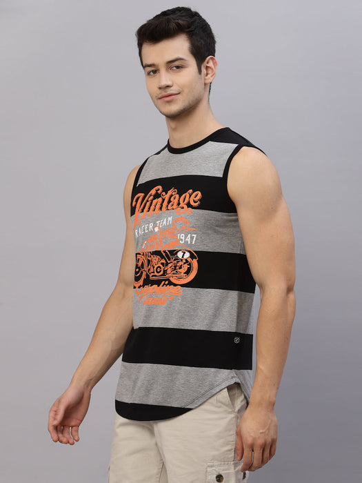 Grey Black Stripe Printed Round Neck Sleeveless T-Shirt Vest