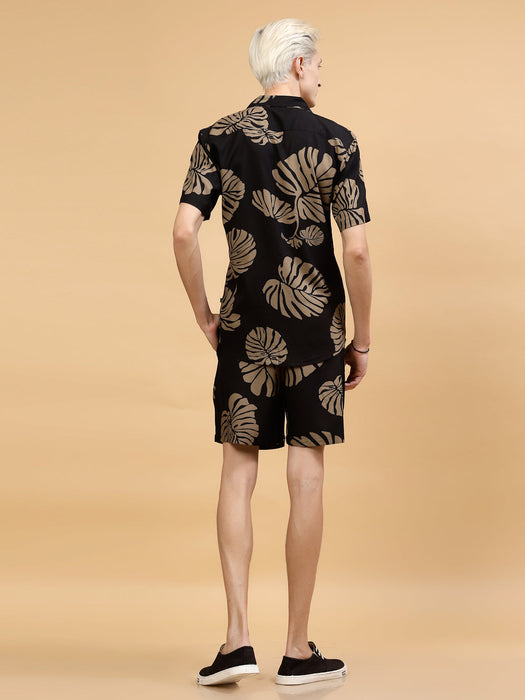 Leaf Print Half Sleeves Cuban Collar Co-ords