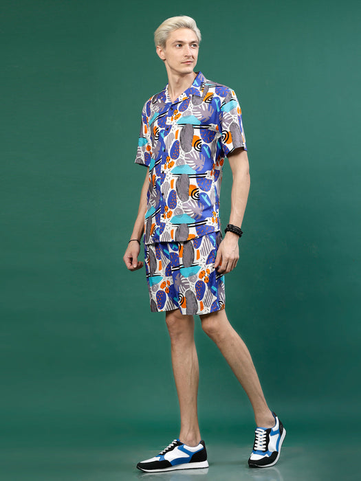 Men's All Over Tropical Print Slim Fit Rayon Co-ords