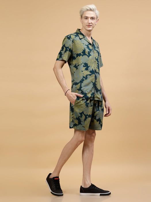 Men's Botanical Leaf Print Rayon Co-ords