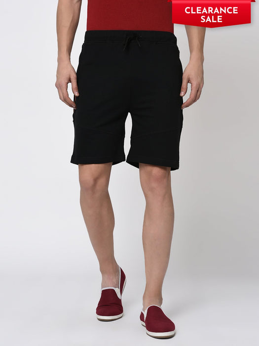 Black Cut & Sew With Tape Detailing Knitted Shorts for Men