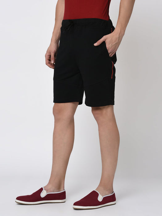 Black Cut & Sew With Tape Detailing Knitted Shorts for Men