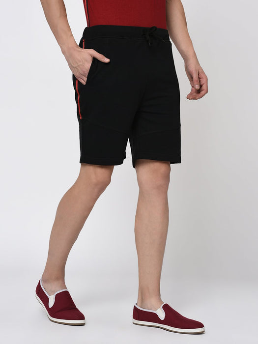 Black Cut & Sew With Tape Detailing Knitted Shorts for Men