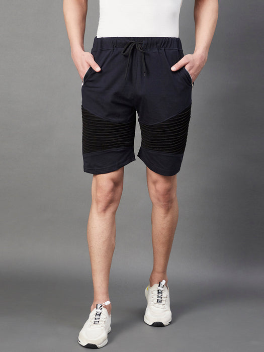 Navy Black Pintuck Detailing Knitted Shorts