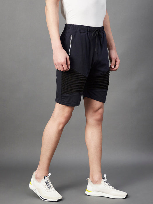 Navy Black Pintuck Detailing Knitted Shorts