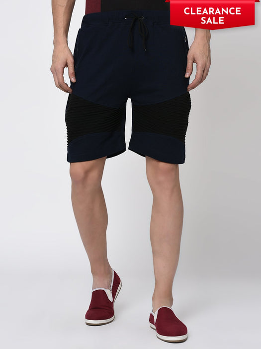 Navy Black Pintuck Detailing Knitted Shorts for Men