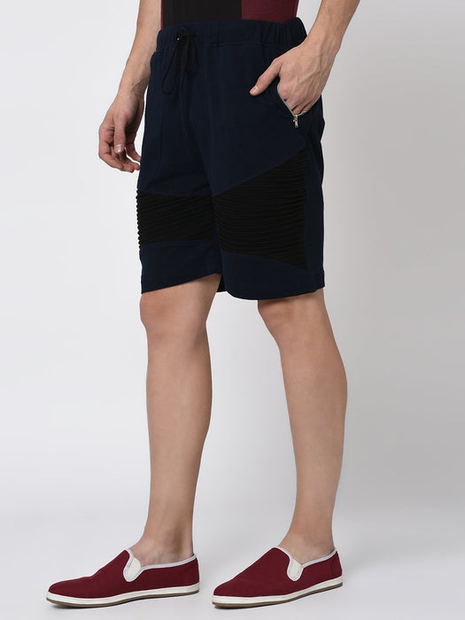 Navy Black Pintuck Detailing Knitted Shorts for Men