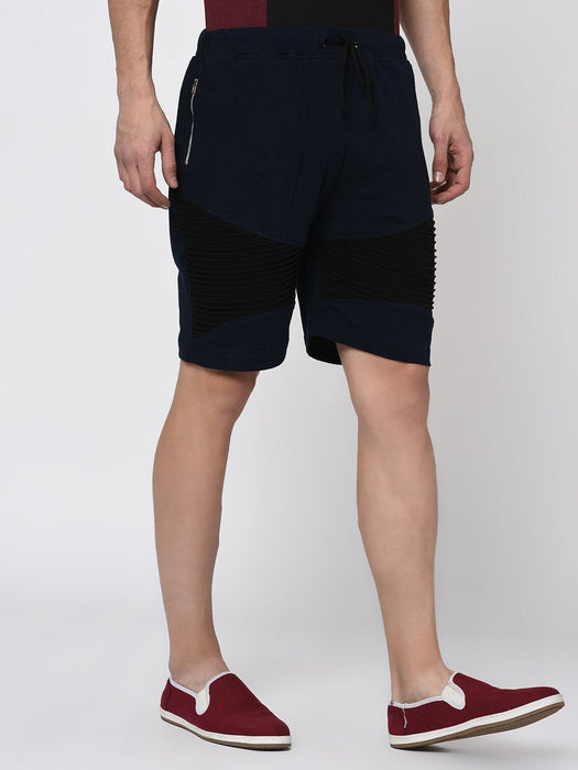 Navy Black Pintuck Detailing Knitted Shorts for Men