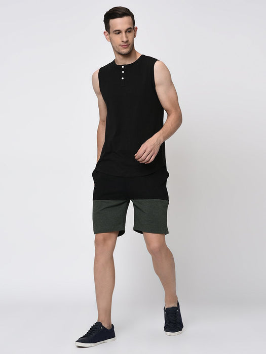 Black Green Melange Half & Half Knitted Shorts for Men