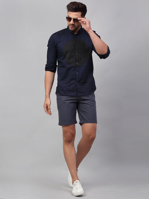 Blue Self Textured Stripe Cotton Woven Shorts