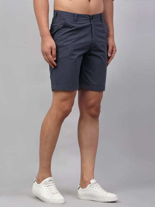 Blue Self Textured Stripe Cotton Woven Shorts