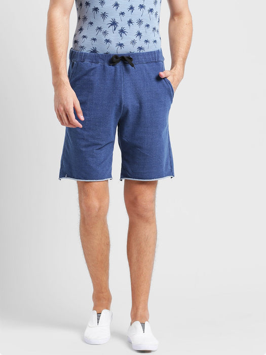 Blue Knitted Denim With Raw Edge Bottom Short-Half