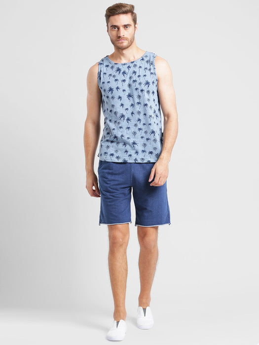 Blue Knitted Denim With Raw Edge Bottom Short-Half