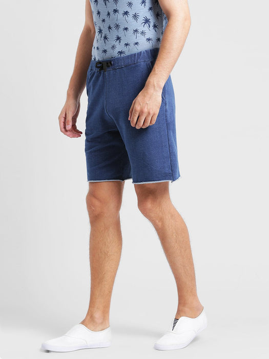 Blue Knitted Denim With Raw Edge Bottom Short-Half