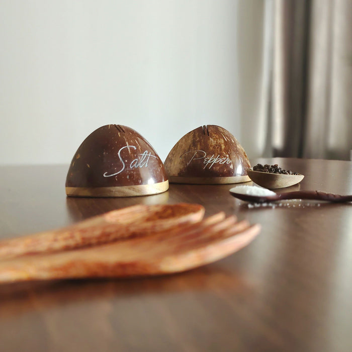 Coconut Shell Salt & Pepper Shakers/ Dispenser Set