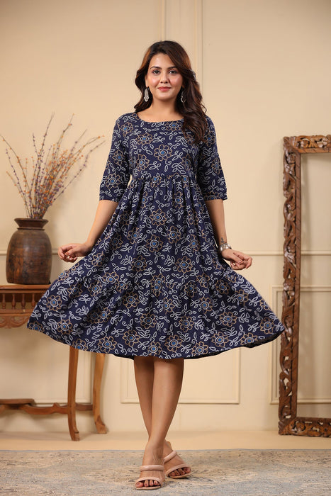 Roz Blue Bandhej Print Rayon Dress (Blue)-DR-16