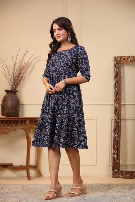 Roz Blue Bandhej Print Rayon Dress (Blue)-DR-16