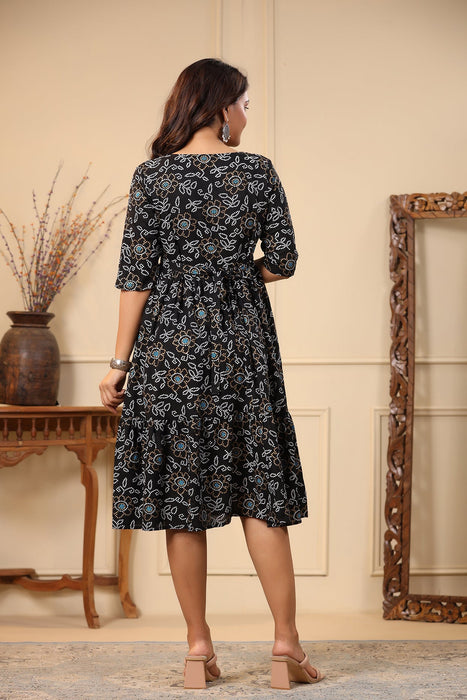 Roz Black Bandhej Print Rayon Dress (Black)-DR-17