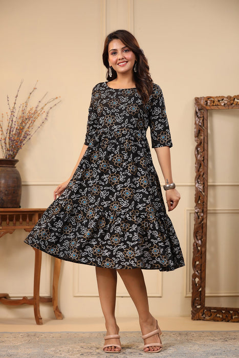 Roz Black Bandhej Print Rayon Dress (Black)-DR-17