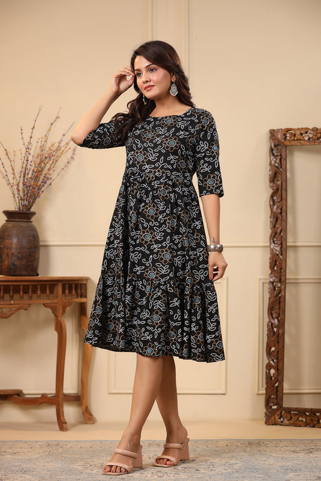 Roz Black Bandhej Print Rayon Dress (Black)-DR-17