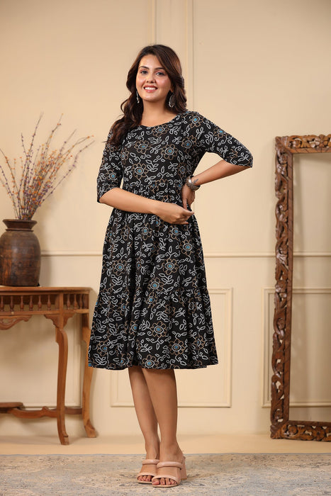 Roz Black Bandhej Print Rayon Dress (Black)-DR-17