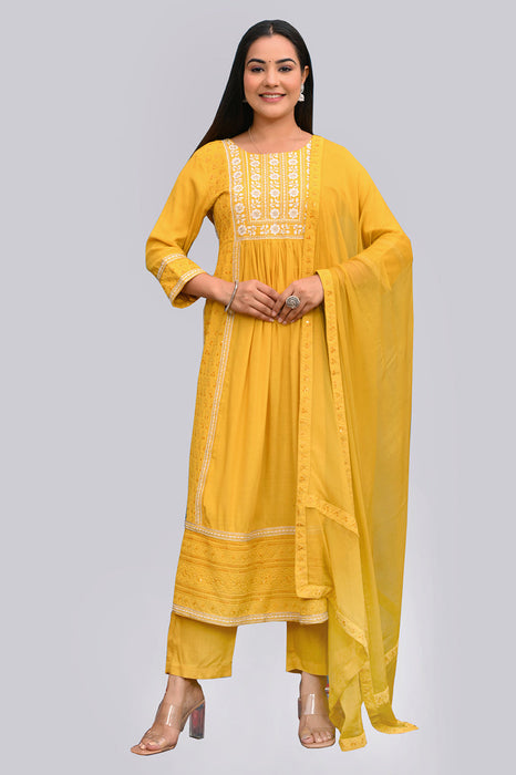 Rayon Embroidery Nyra Cut Kurta Set A-87 MUSTARD