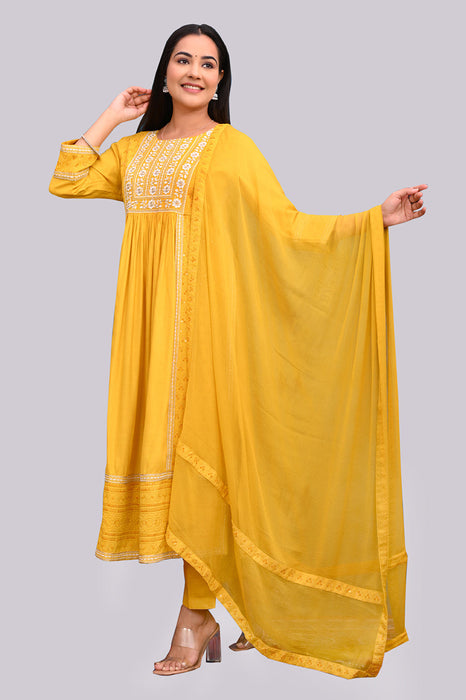 Rayon Embroidery Nyra Cut Kurta Set A-87 MUSTARD