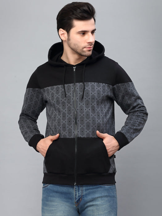 Dark Grey Hooded Printed Fleece Jacket