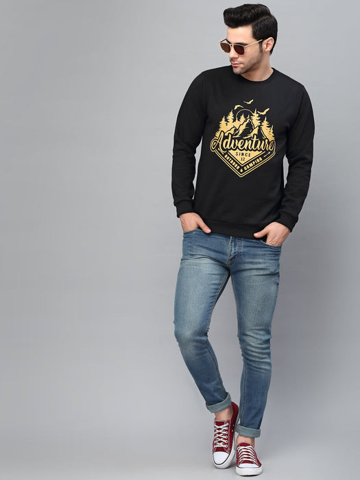 Black Round Neck Printed Fleece Sweatshirt