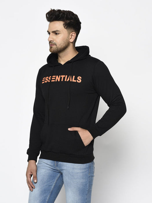 Black ESSENTIAL Print Hooded Fleece Full Sleeve Sweatshirt