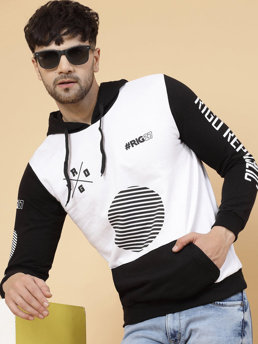 Black White Printed Hooded Fleece Full Sleeve Sweatshirt