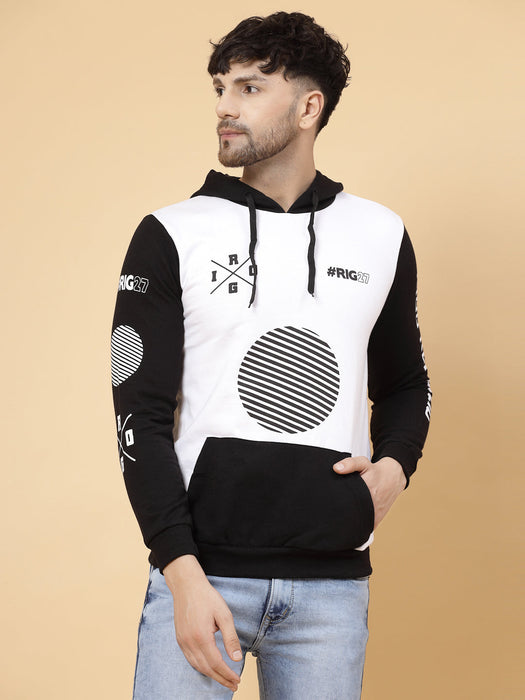 Black White Printed Hooded Fleece Full Sleeve Sweatshirt