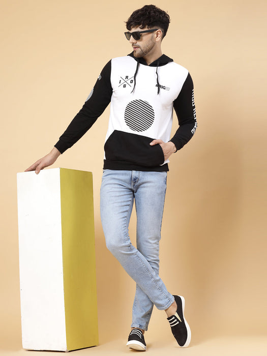 Black White Printed Hooded Fleece Full Sleeve Sweatshirt