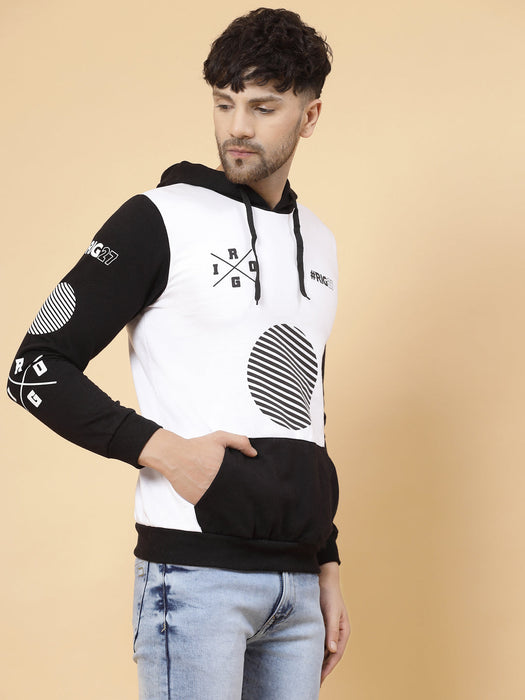 Black White Printed Hooded Fleece Full Sleeve Sweatshirt