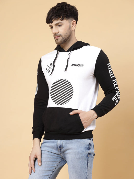 Black White Printed Hooded Fleece Full Sleeve Sweatshirt