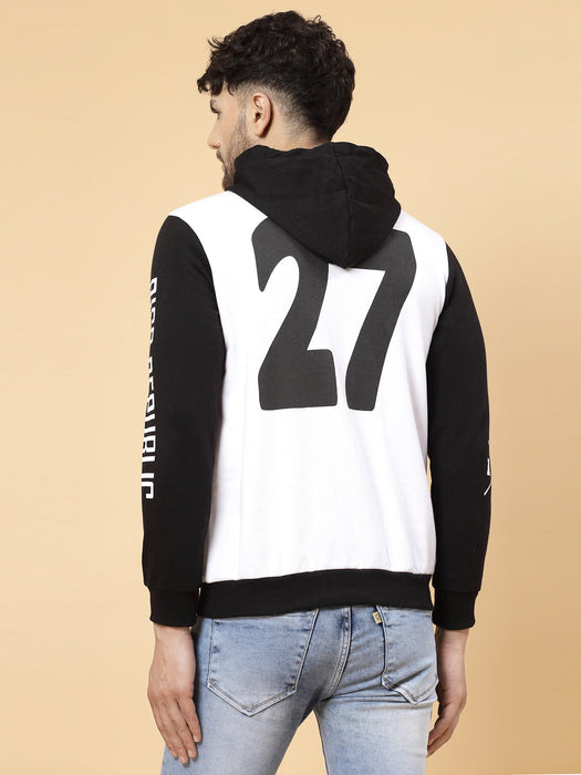 Black White Printed Hooded Fleece Full Sleeve Sweatshirt