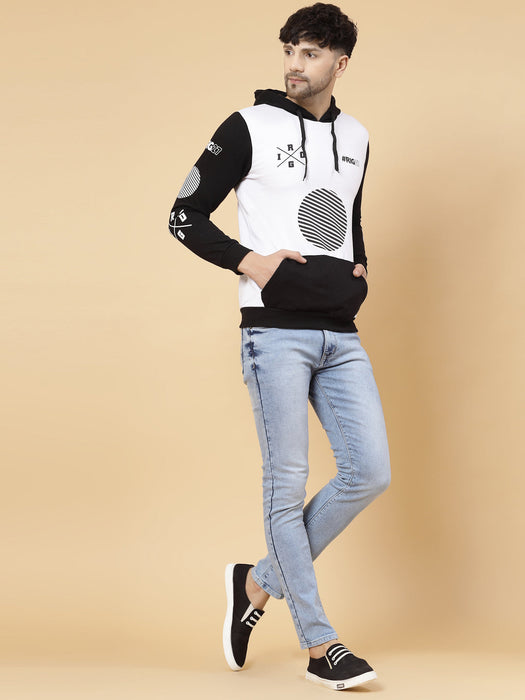 Black White Printed Hooded Fleece Full Sleeve Sweatshirt