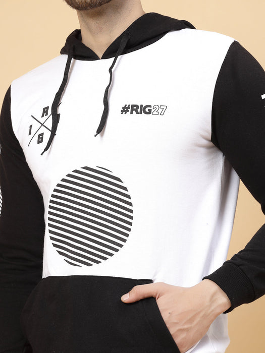 Black White Printed Hooded Fleece Full Sleeve Sweatshirt