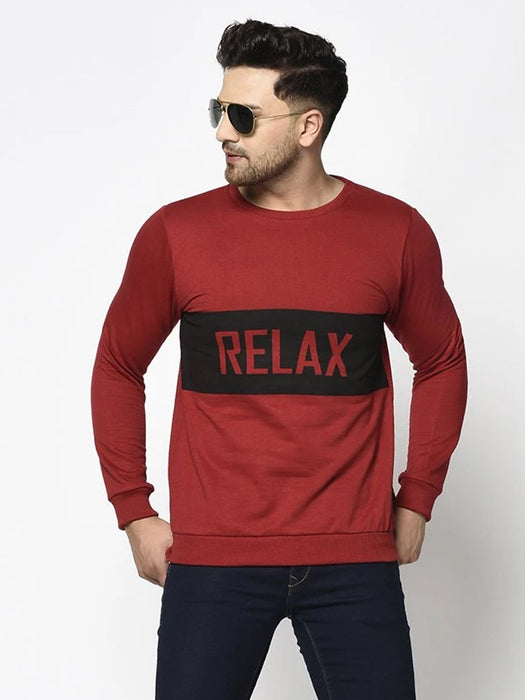 Maroon RELAX Printed Round Neck Fleece Full Sleeve Sweatshirt