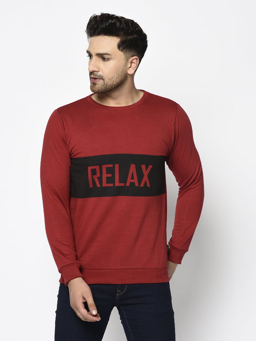 Maroon RELAX Printed Round Neck Fleece Full Sleeve Sweatshirt