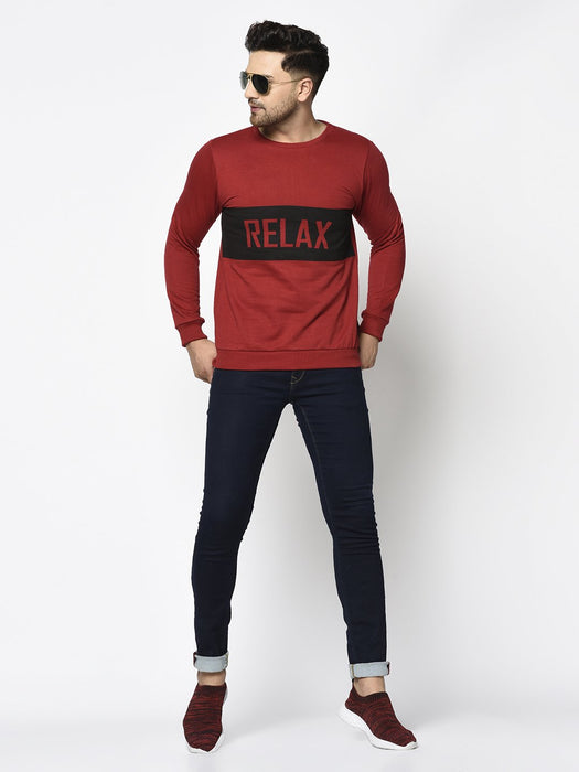 Maroon RELAX Printed Round Neck Fleece Full Sleeve Sweatshirt