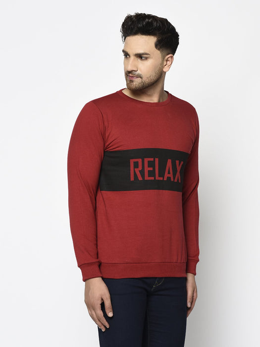 Maroon RELAX Printed Round Neck Fleece Full Sleeve Sweatshirt