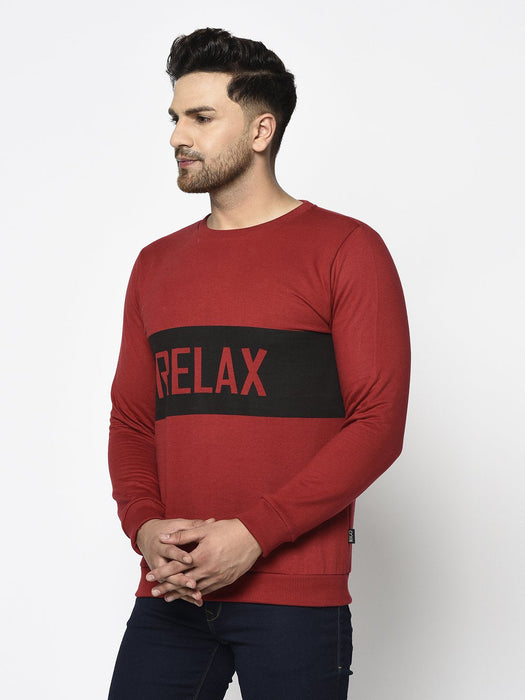 Maroon RELAX Printed Round Neck Fleece Full Sleeve Sweatshirt