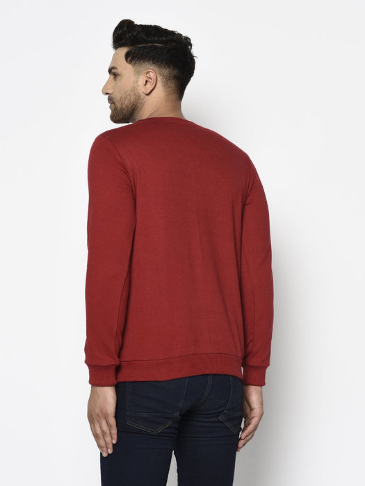 Maroon RELAX Printed Round Neck Fleece Full Sleeve Sweatshirt