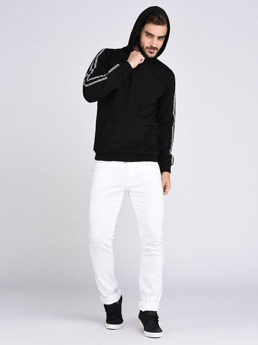 Black Fleece With Stripe Tape Patch On Sleeve Hooded Sweatshirt-Full