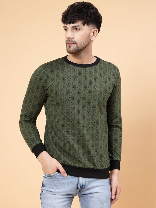 Olive Green All Over Printed Round Neck Fleece Sweatshirt