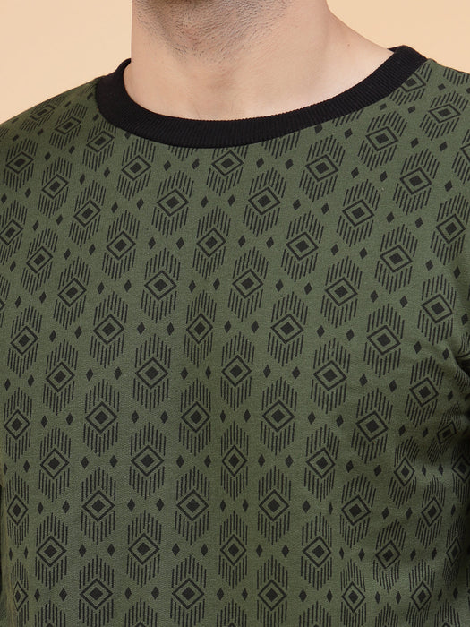 Olive Green All Over Printed Round Neck Fleece Sweatshirt