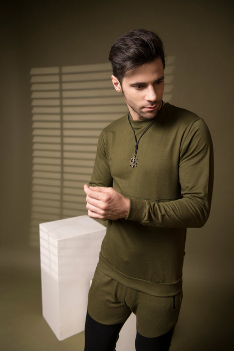 Olive Green Cut & Sew Terry Round Neck Sweatshirt